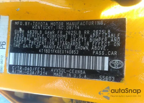 2014 Toyota Camry Hybrid Le z USA, uszkodzony, nr VIN 4T1BD1FK6EU140853